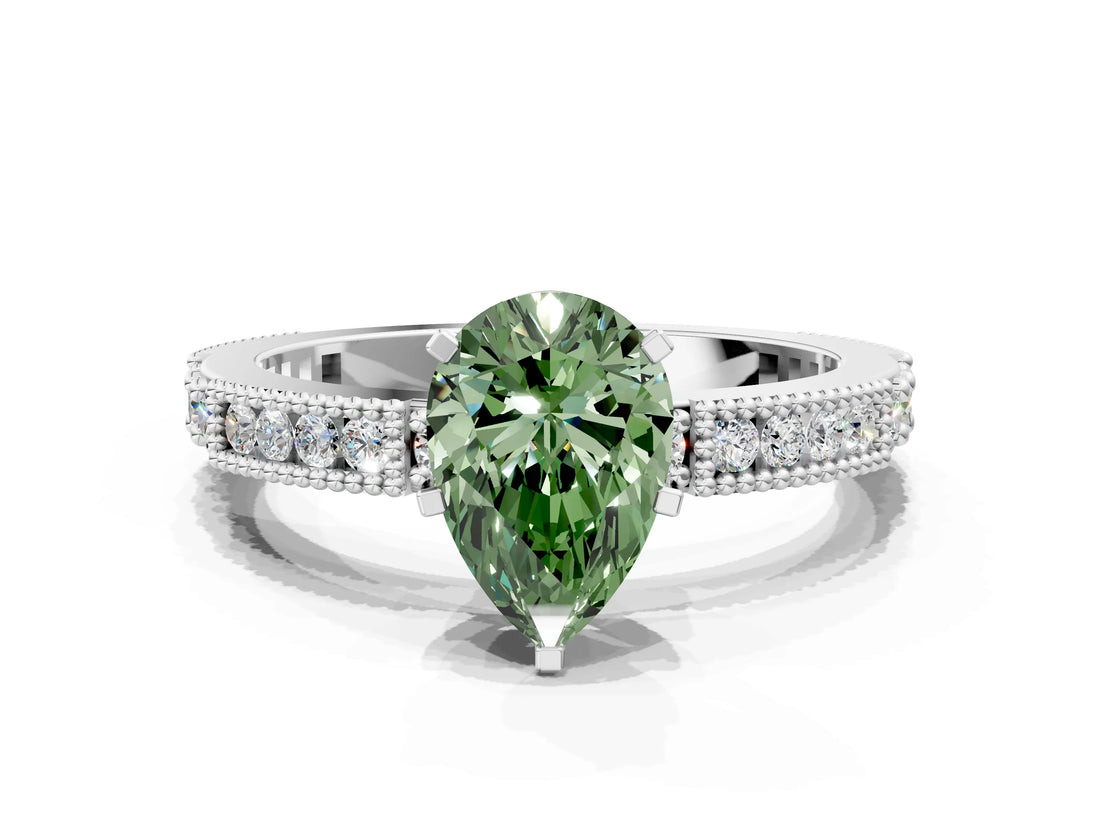 White gold Fancy Green Pear  Solitaire with Pavé Band and Four-Prong Setting_317