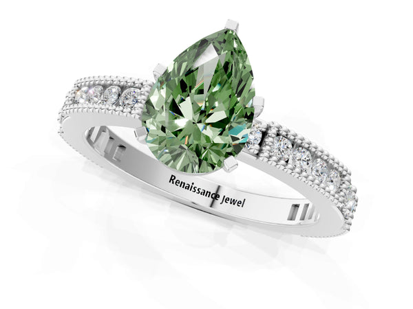 Platinum Fancy Green Pear  Solitaire with Pavé Band and Four-Prong Setting