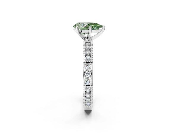 Platinum Fancy Green Pear  Solitaire with Pavé Band and Four-Prong Setting