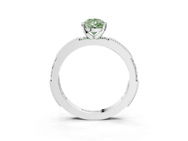 Platinum Fancy Green Pear  Solitaire with Pavé Band and Four-Prong Setting
