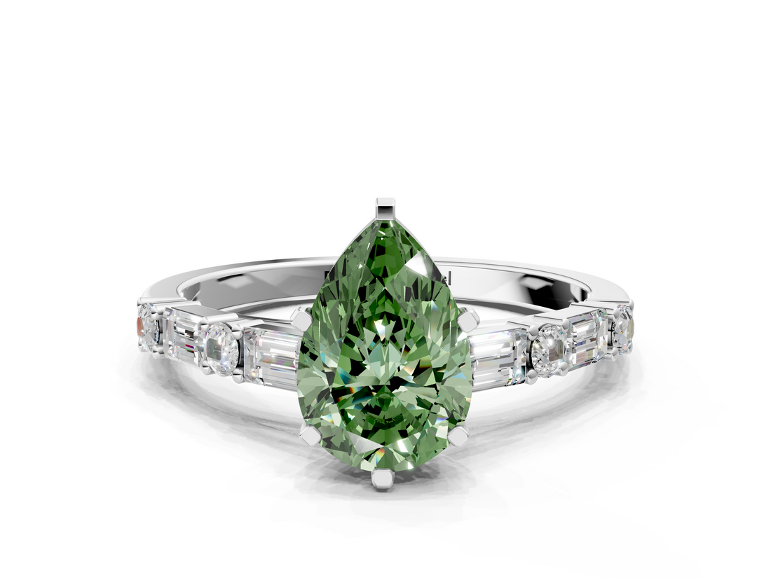 White gold Fancy Green Pear  Solitaire with Side Baguettes and Channel Set Band_58
