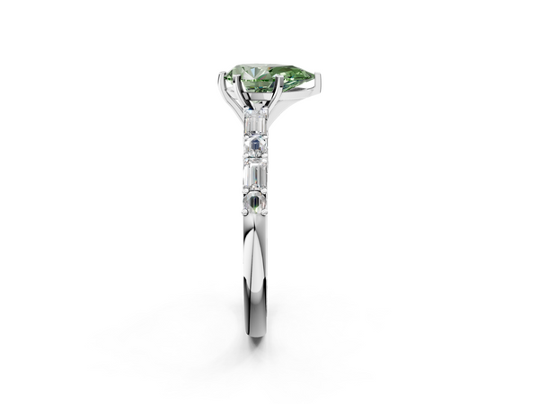 Platinum Fancy Green Pear Cut Diamond Solitaire with Side Baguettes and Channel Set Band