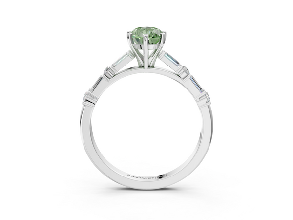Platinum Fancy Green Pear Cut Diamond Solitaire with Side Baguettes and Channel Set Band