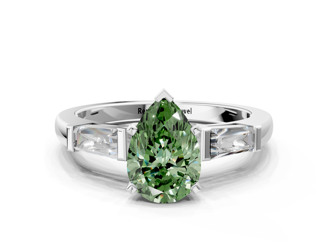 White gold Fancy Green Pear  Solitaire with Tapered Baguette Side Stones on a Classic Band with Four-Prong Setting_56