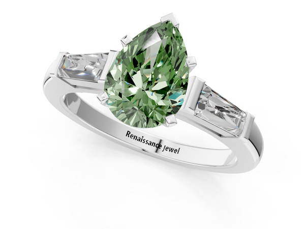 White gold Fancy Green Pear  Solitaire with Tapered Baguette Side Stones on a Classic Band with Four-Prong Setting