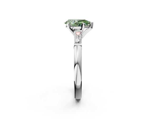 White gold Fancy Green Pear  Solitaire with Tapered Baguette Side Stones on a Classic Band with Four-Prong Setting