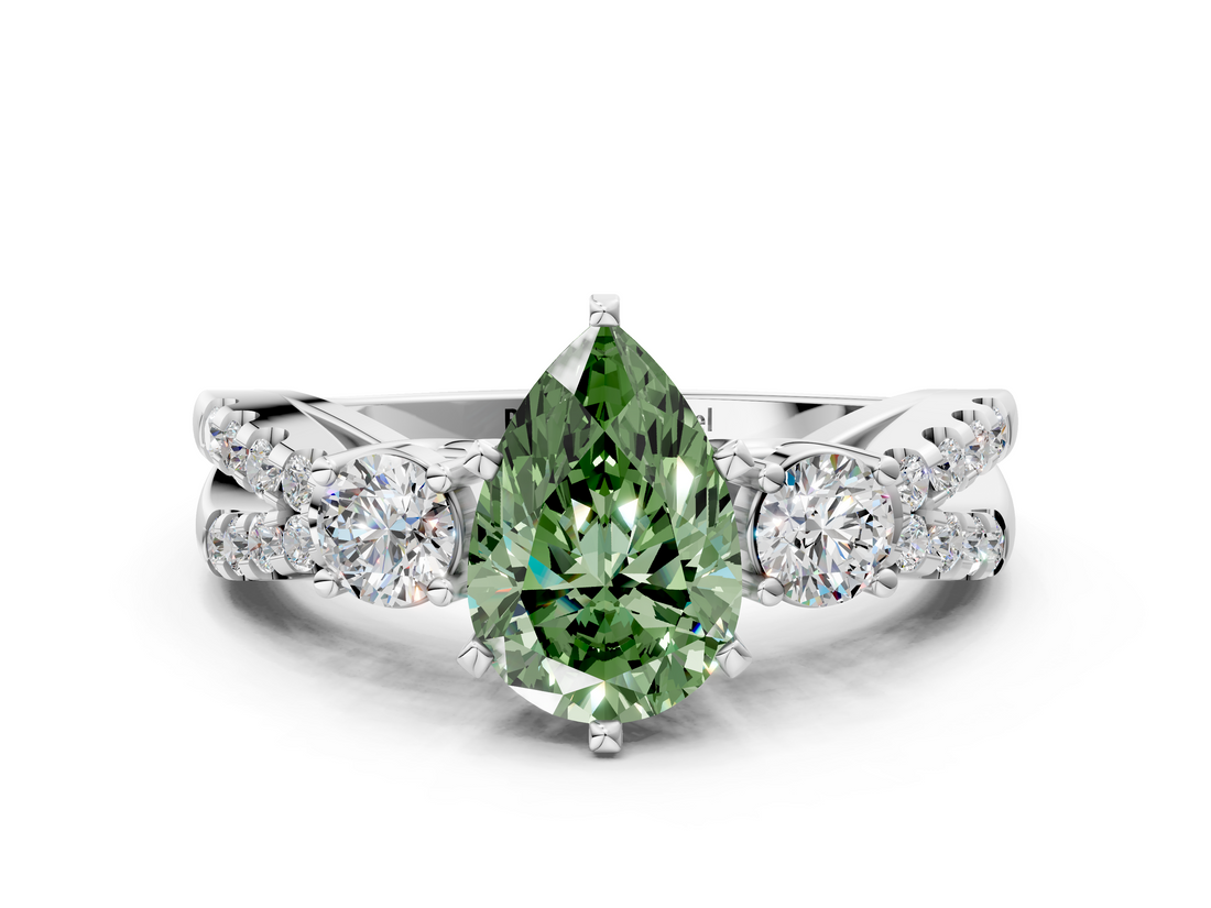 White gold Fancy Green Pear  Three-Stone Diamond Ring with Pavé Split Shank and Four-Prong Setting_99