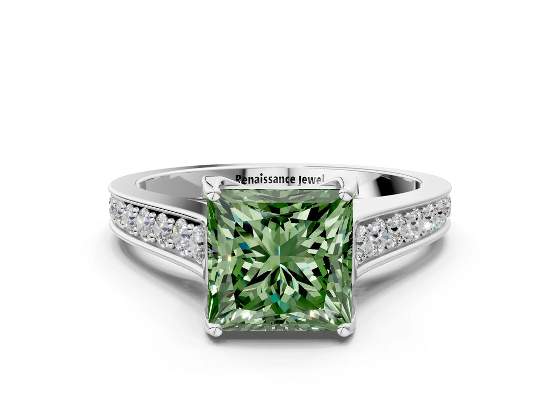 White gold Fancy Green Princess  Brilliant Cut Diamond Engagement Ring with Pavé Band and Four-Prong Setting_34