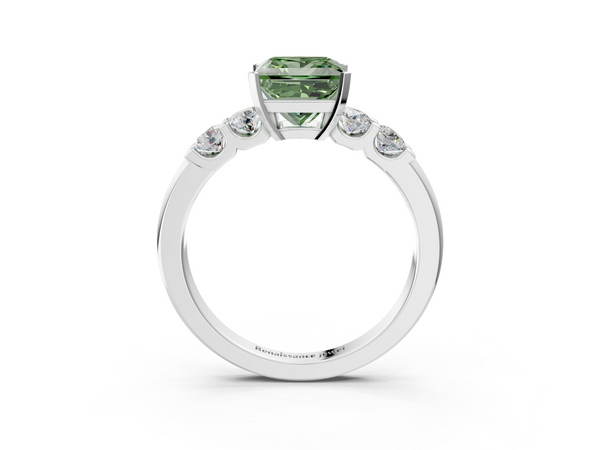 White gold Fancy Green Princess  Brilliant Cut Diamond Five-Stone Prong Set Engagement Ring with Channel Band