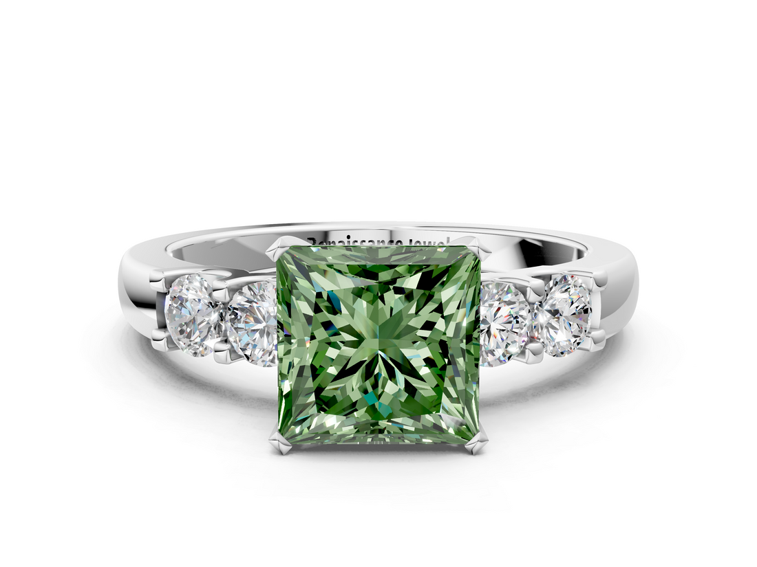White gold Fancy Green Princess  Brilliant Cut Diamond Five-Stone Prong Set Engagement Ring with Channel Band