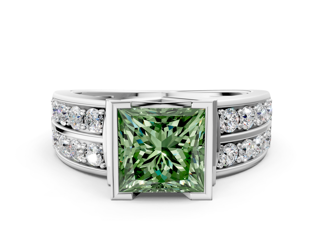 White gold Fancy Green Princess  Brilliant Diamond Channel Set Wide Band Ring with Bezel Setting