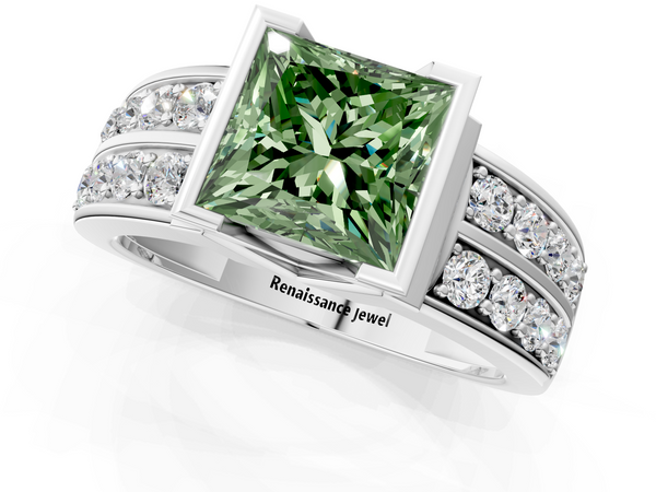 White gold Fancy Green Princess  Brilliant Diamond Channel Set Wide Band Ring with Bezel Setting
