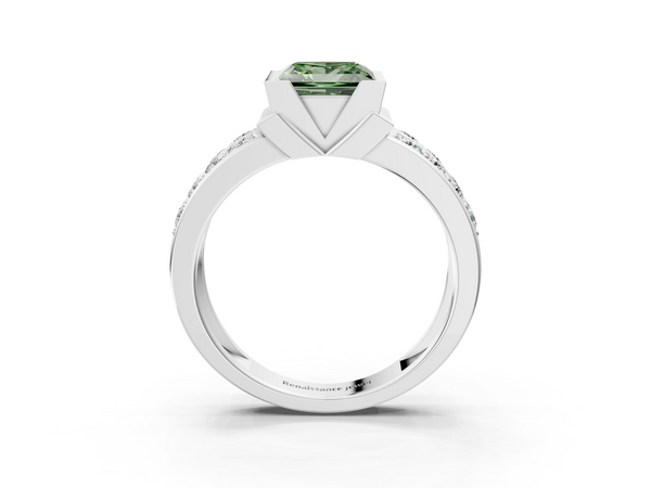 White gold Fancy Green Princess  Brilliant Diamond Channel Set Wide Band Ring with Bezel Setting