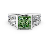 White gold Fancy Green Princess  Brilliant Diamond Channel Set Wide Band Ring with Bezel Setting