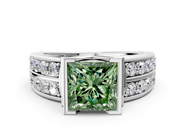 White gold Fancy Green Princess  Brilliant Diamond Channel Set Wide Band Ring with Bezel Setting