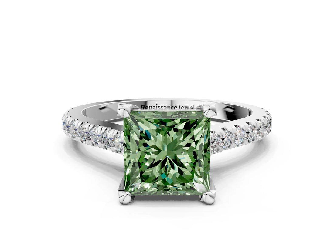 White gold Fancy Green Princess  Brilliant Diamond Solitaire with Pavé Band and Four-Prong Setting