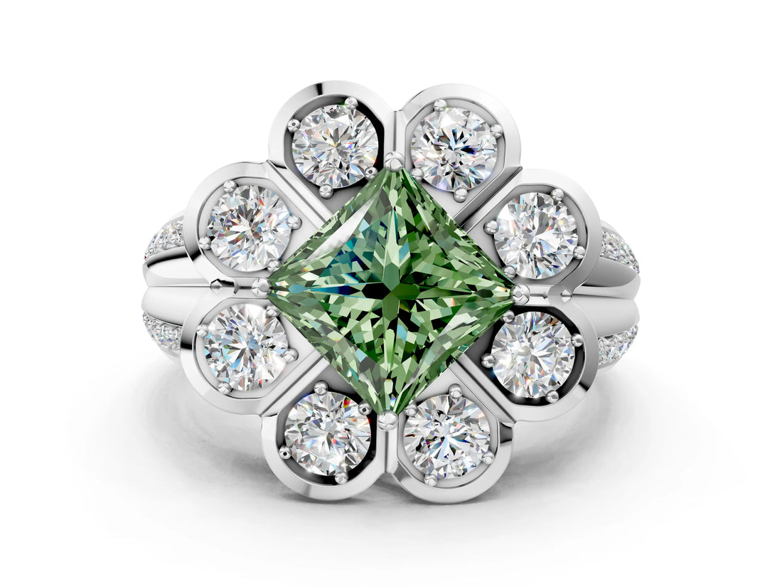 White gold Fancy Green Princess  Brilliant Flower Halo Diamond Split Shank Ring_51