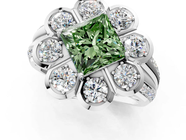 White gold Fancy Green Princess  Brilliant Flower Halo Diamond Split Shank Ring