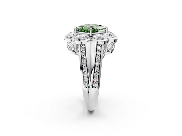 White gold Fancy Green Princess  Brilliant Flower Halo Diamond Split Shank Ring