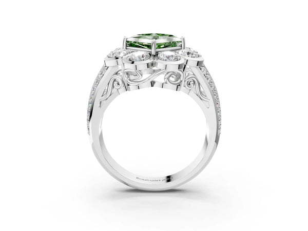 White gold Fancy Green Princess  Brilliant Flower Halo Diamond Split Shank Ring