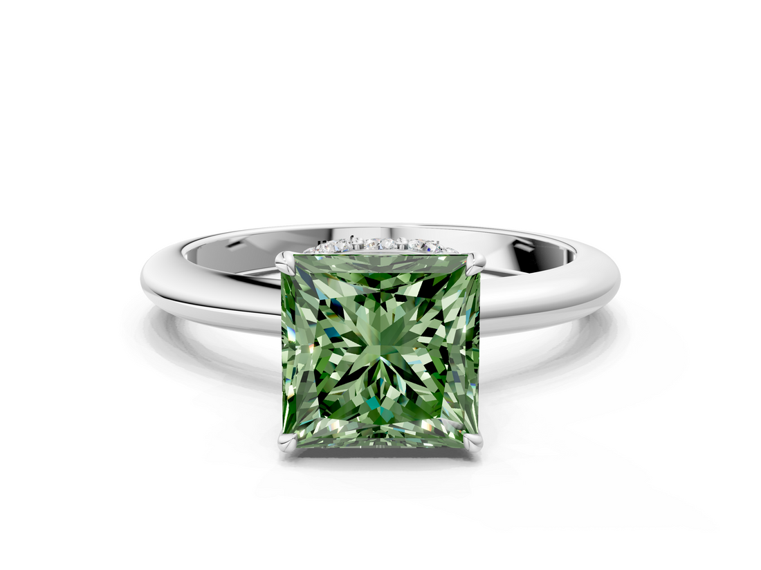 White gold Fancy Green Princess  Brilliant Solitaire Engagement Ring with Six-Prong Setting and Classic Band