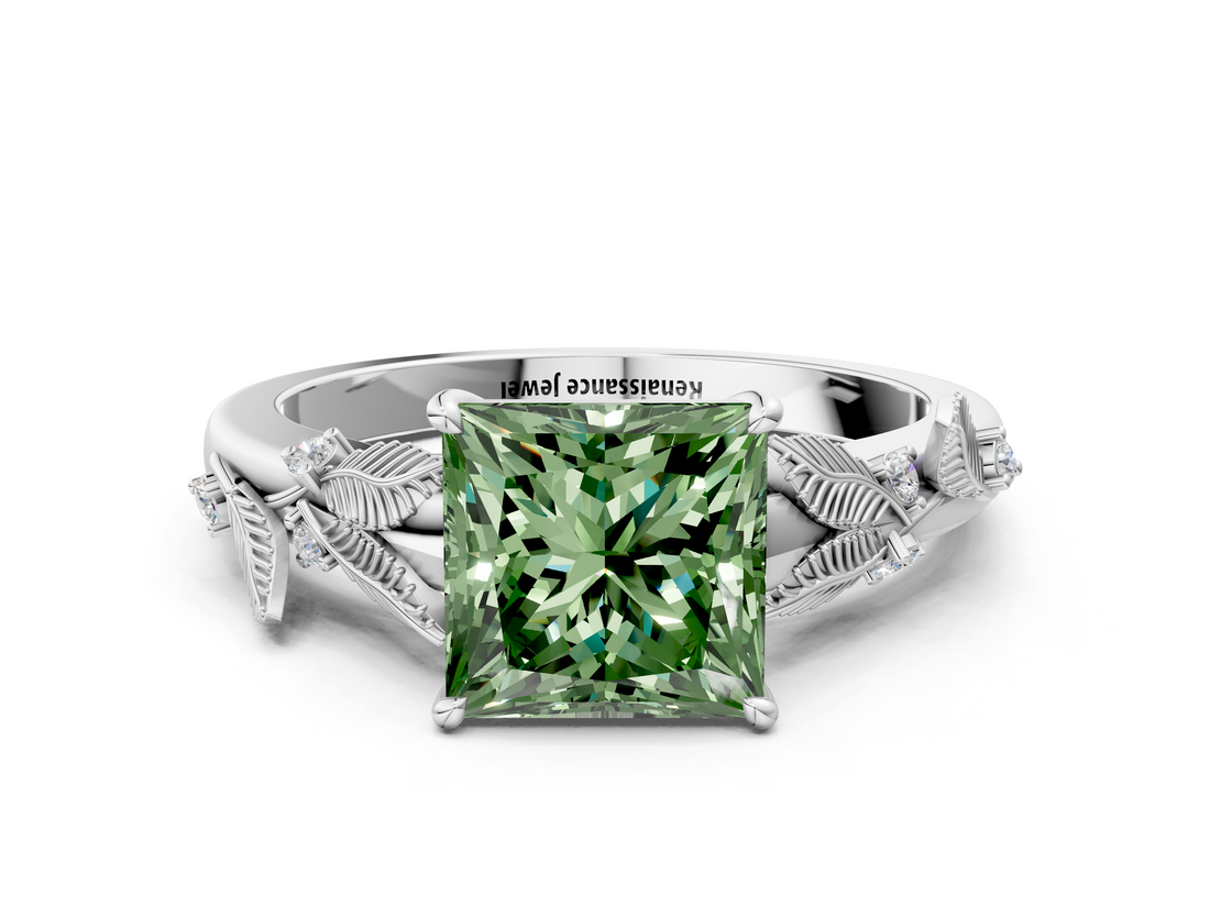White gold Fancy Green Princess  Brilliant Solitaire with Leaf Motif Band and Four-Prong Setting_39