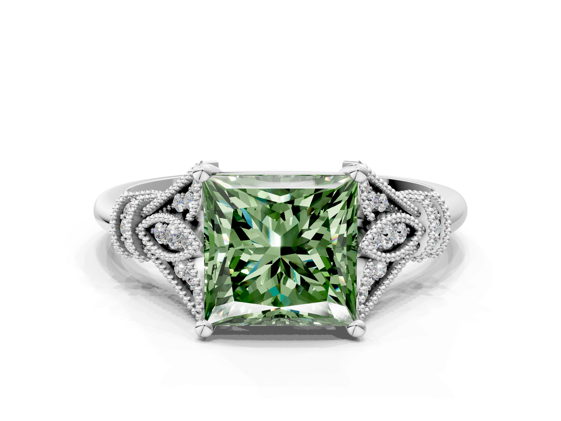 White gold Fancy Green Princess  Brilliant Solitaire with Pave Band and Four-Prong Setting