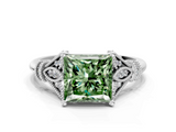 White gold Fancy Green Princess  Brilliant Solitaire with Pave Band and Four-Prong Setting