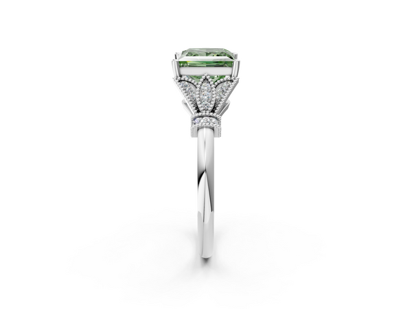 Platinum Fancy Green Princess  Diamond Solitaire Ring with Floral Filigree and Pave Accents
