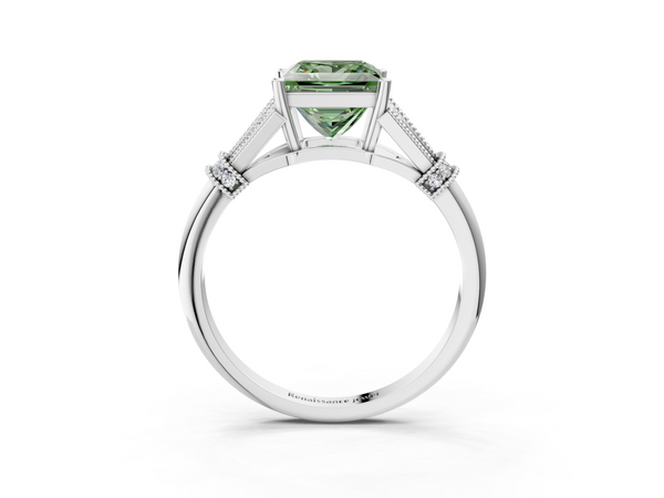 Platinum Fancy Green Princess  Diamond Solitaire Ring with Floral Filigree and Pave Accents