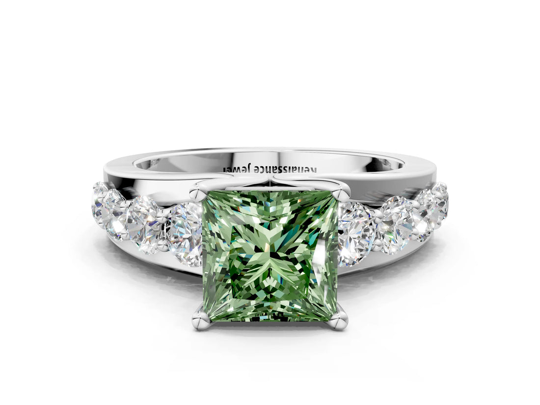 White gold Fancy Green Princess  Brilliant Solitaire with Side Stones on a Pave Band and Four-Prong Setting_64
