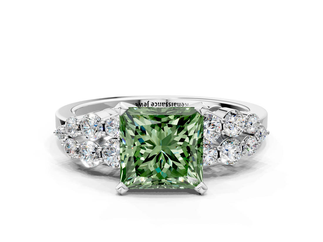 White gold Fancy Green Princess  Cluster Diamond Engagement Ring with Pavé Band and Four-Prong Setting