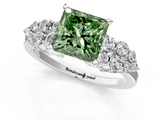 White gold Fancy Green Princess  Cluster Diamond Engagement Ring with Pavé Band and Four-Prong Setting_1