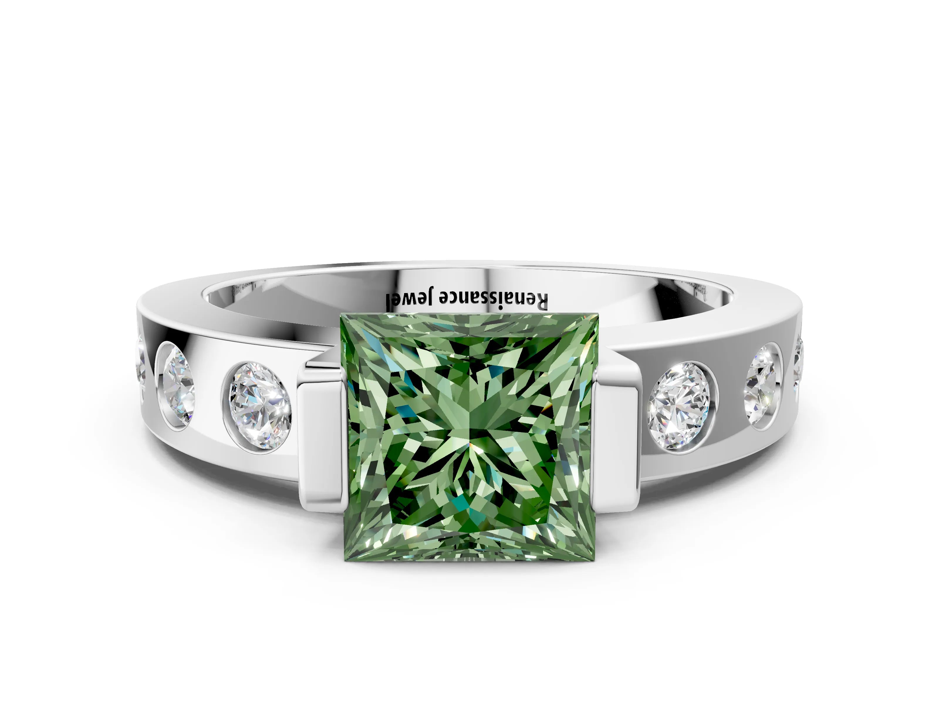 White gold Fancy Green Princess Cut Brilliant Channel-Set Diamond Ring with Bezel Prong Setting_12