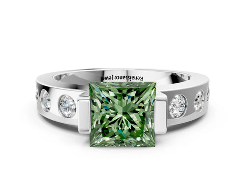 White gold Fancy Green Princess Cut Brilliant Channel-Set Diamond Ring with Bezel Prong Setting_12