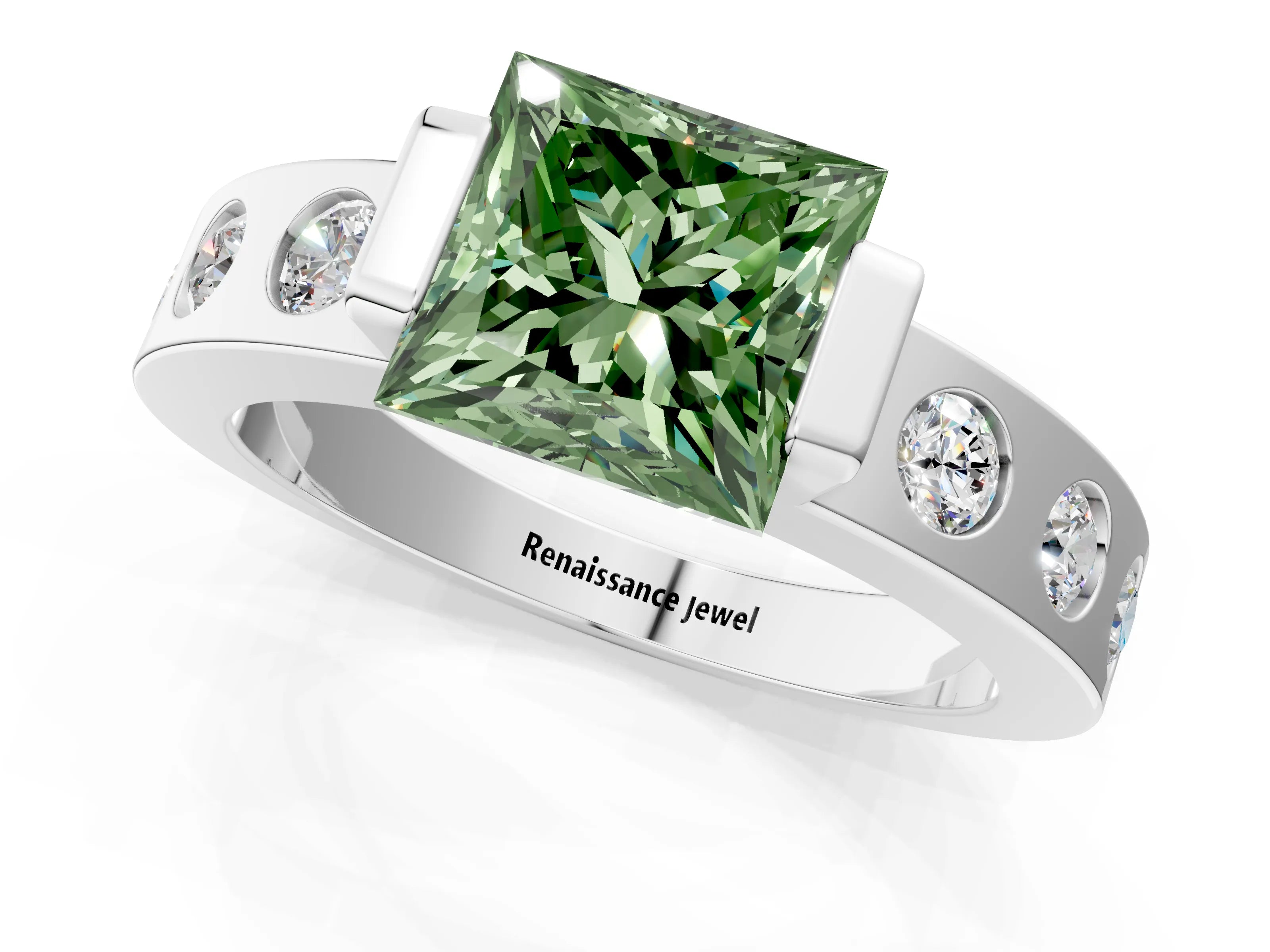 White gold Fancy Green Princess Cut Brilliant Channel-Set Diamond Ring with Bezel Prong Setting_13