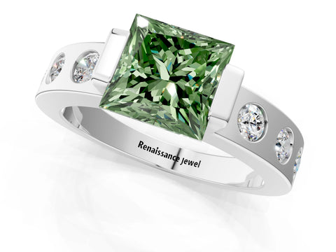 White gold Fancy Green Princess Cut Brilliant Channel-Set Diamond Ring with Bezel Prong Setting_13
