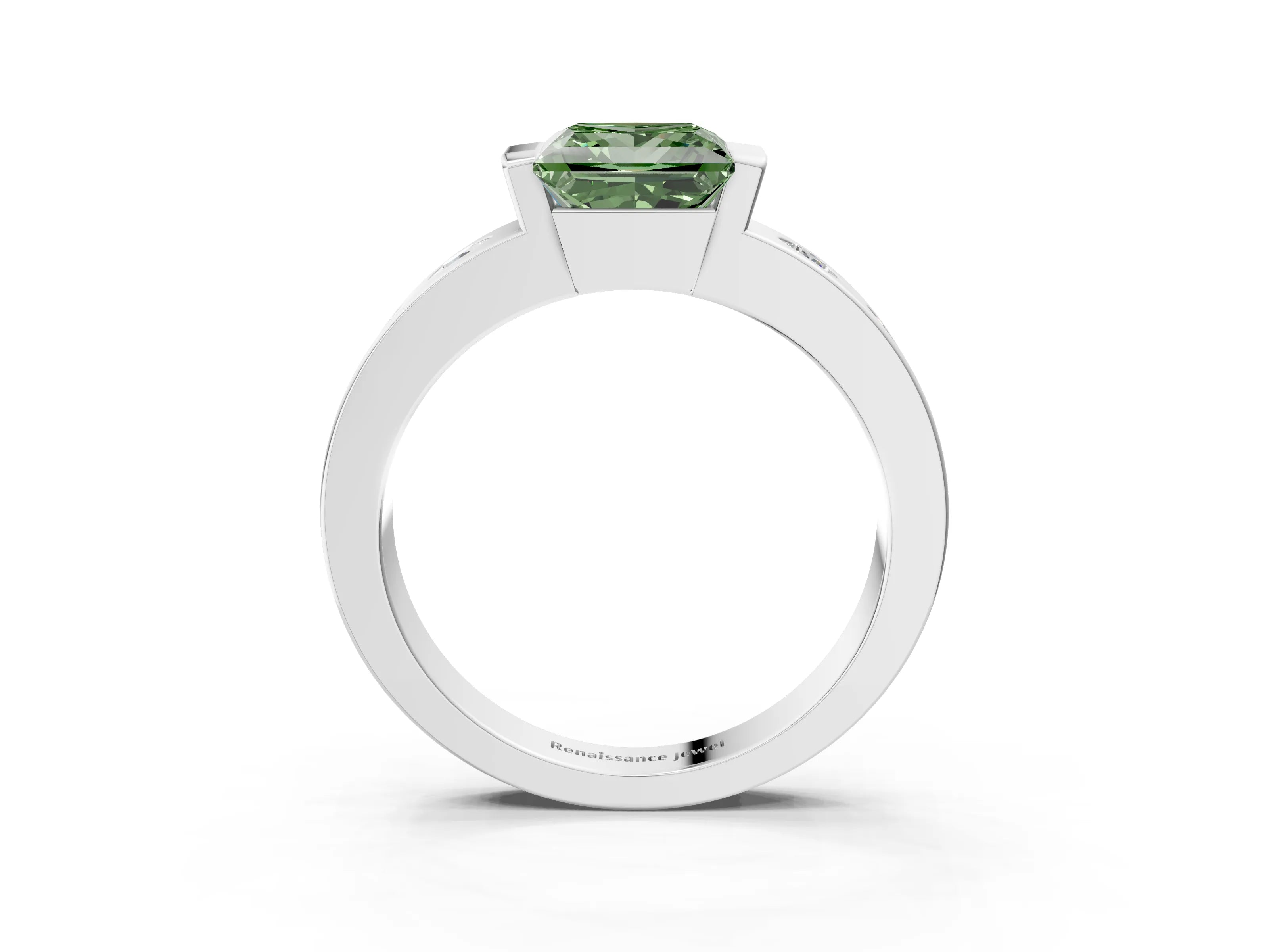 White gold Fancy Green Princess Cut Brilliant Channel-Set Diamond Ring with Bezel Prong Setting_15