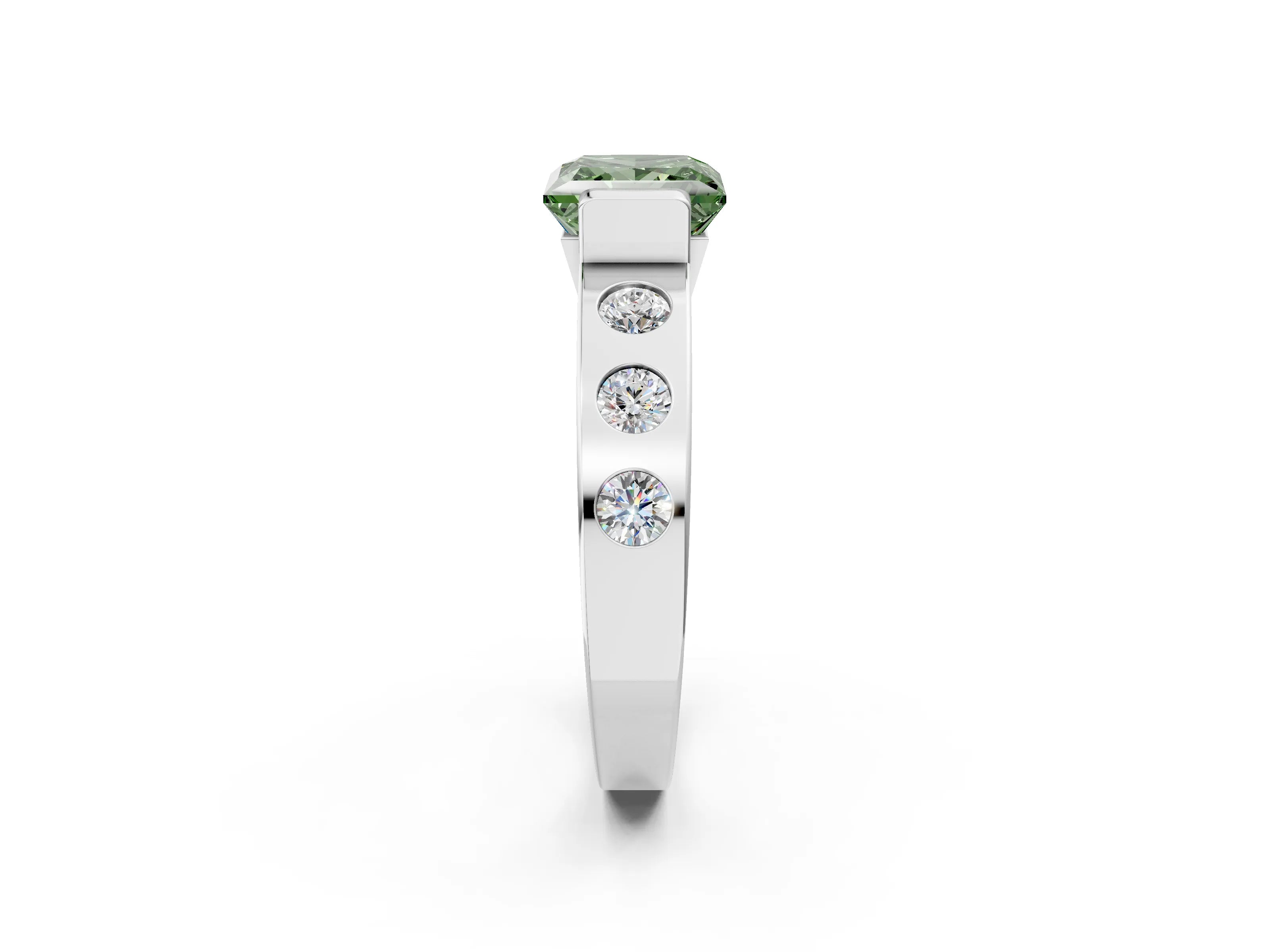 White gold Fancy Green Princess Cut Brilliant Channel-Set Diamond Ring with Bezel Prong Setting_2