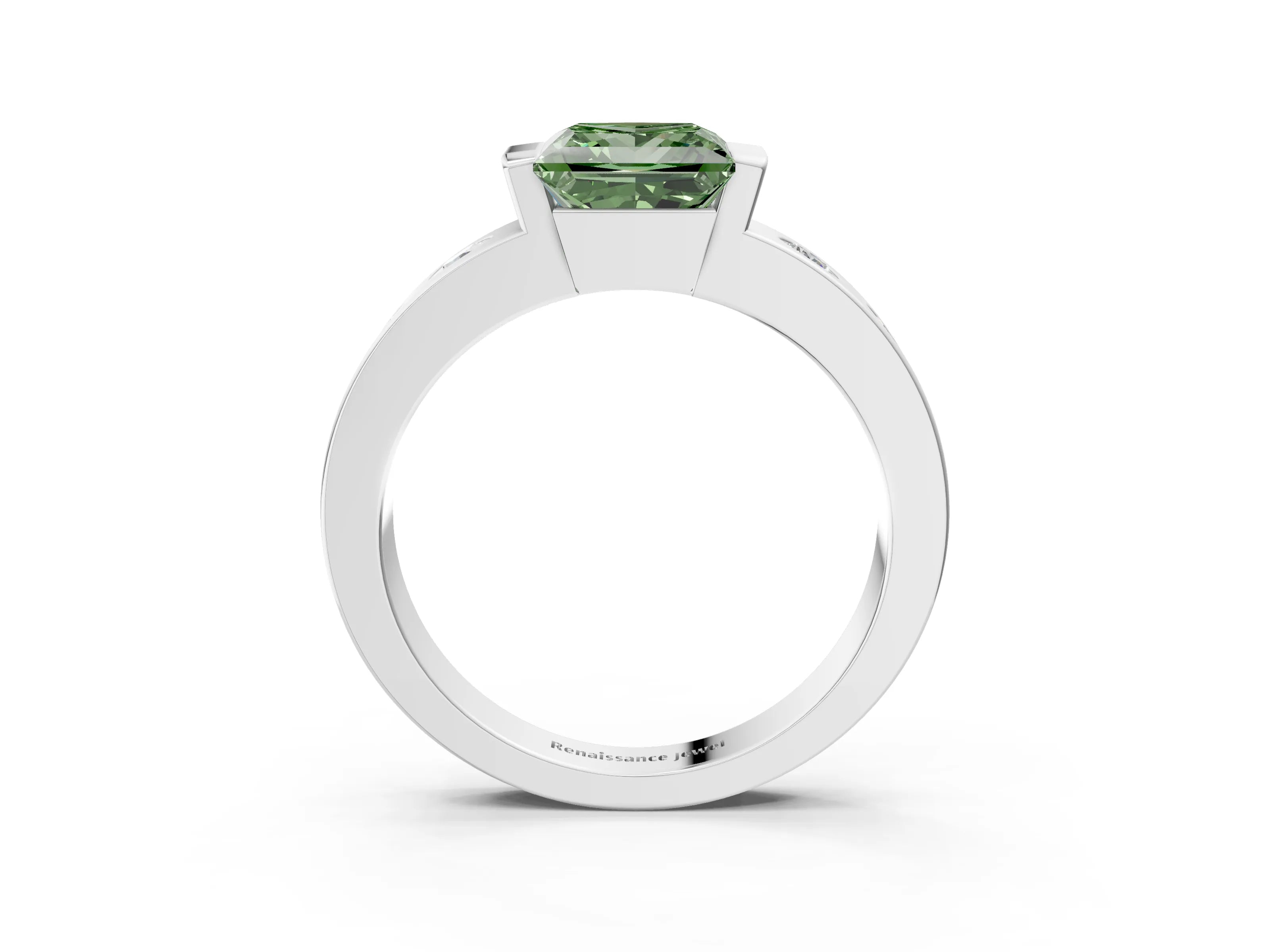 White gold Fancy Green Princess Cut Brilliant Channel-Set Diamond Ring with Bezel Prong Setting_3