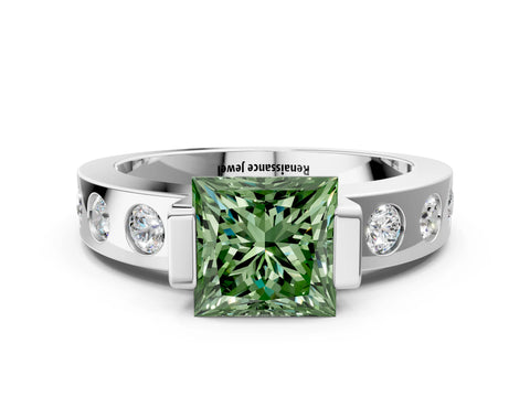 White gold Fancy Green Princess Cut Brilliant Channel-Set Diamond Ring with Bezel Prong Setting