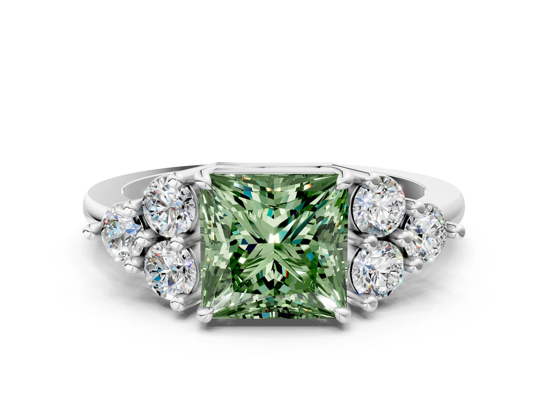 White gold Fancy Green Princess Cut Brilliant Diamond Cluster Accent Solitaire Ring with Prong Setting_24