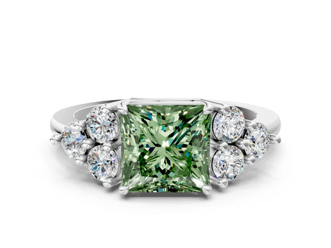 White gold Fancy Green Princess Cut Brilliant Diamond Cluster Accent Solitaire Ring with Prong Setting_24