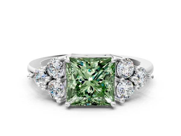 White gold Fancy Green Princess Cut Brilliant Diamond Cluster Accent Solitaire Ring with Prong Setting