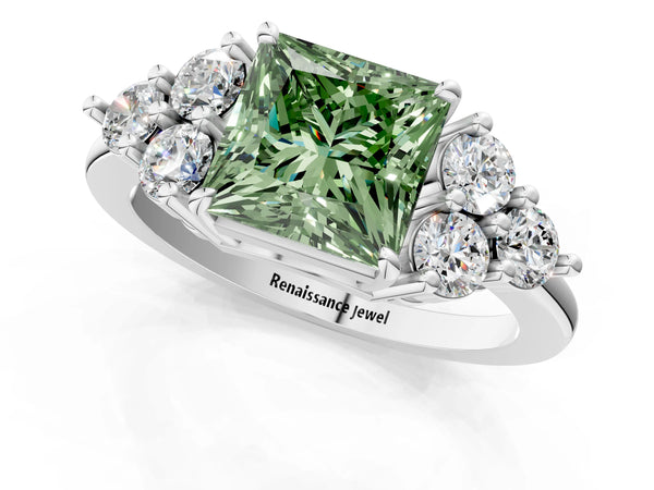 White gold Fancy Green Princess Cut Brilliant Diamond Cluster Accent Solitaire Ring with Prong Setting
