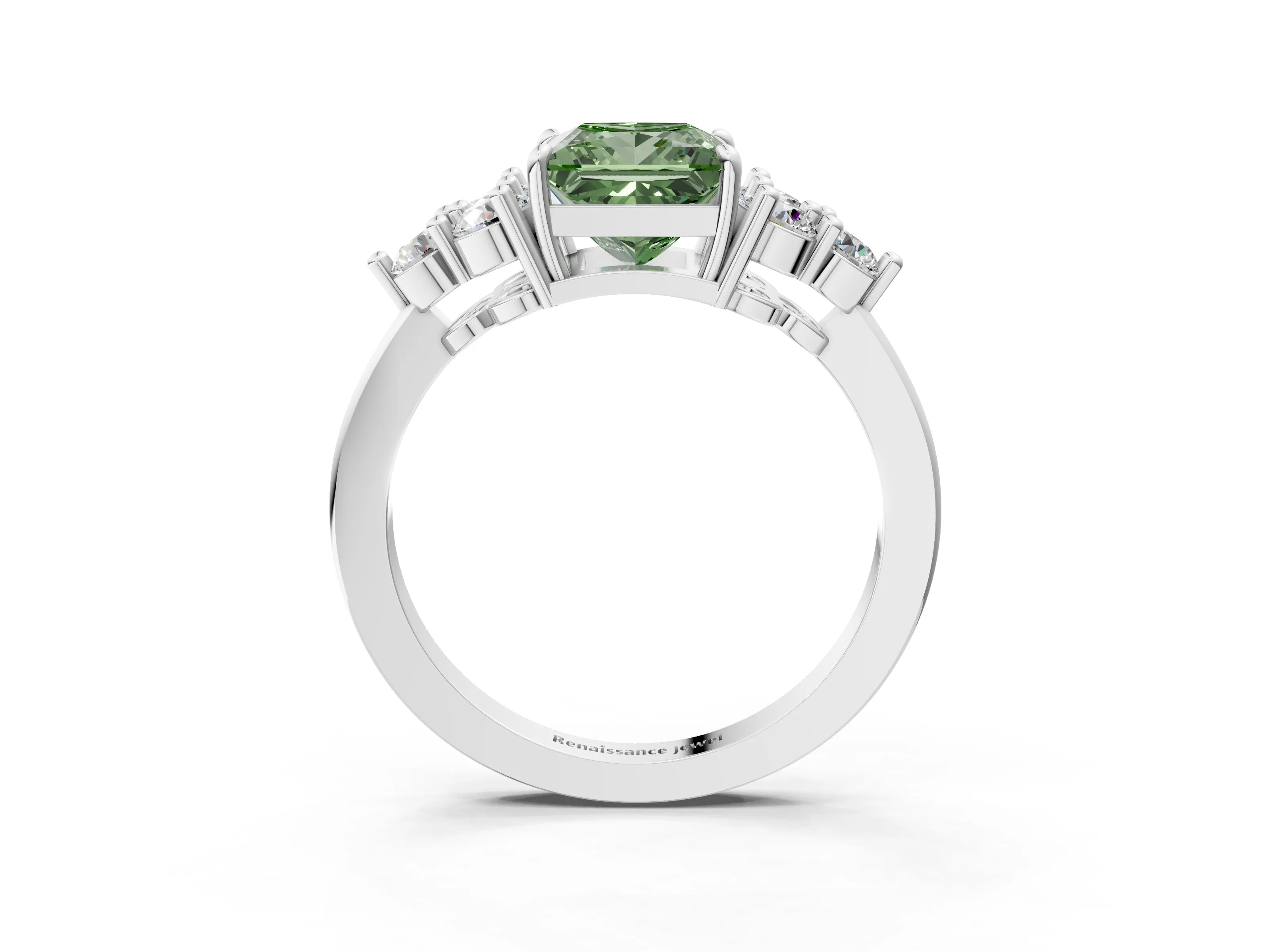 White gold Fancy Green Princess Cut Brilliant Diamond Cluster Accent Solitaire Ring with Prong Setting_27