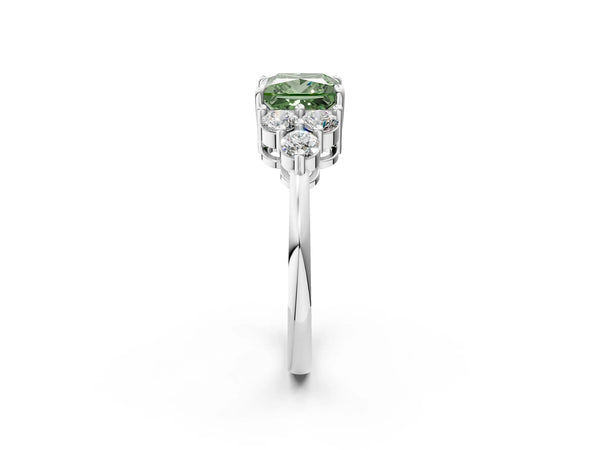 White gold Fancy Green Princess Cut Brilliant Diamond Cluster Accent Solitaire Ring with Prong Setting