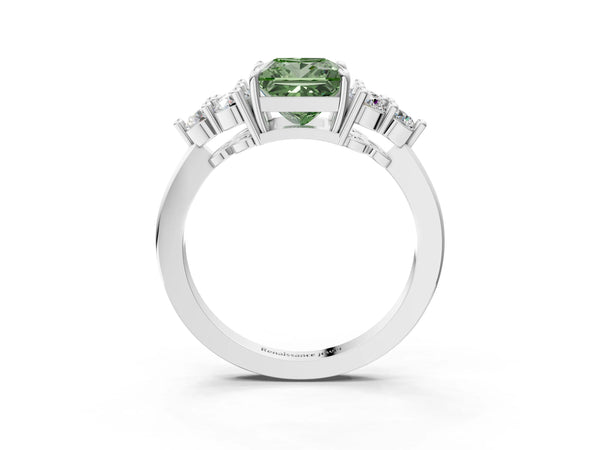 White gold Fancy Green Princess Cut Brilliant Diamond Cluster Accent Solitaire Ring with Prong Setting