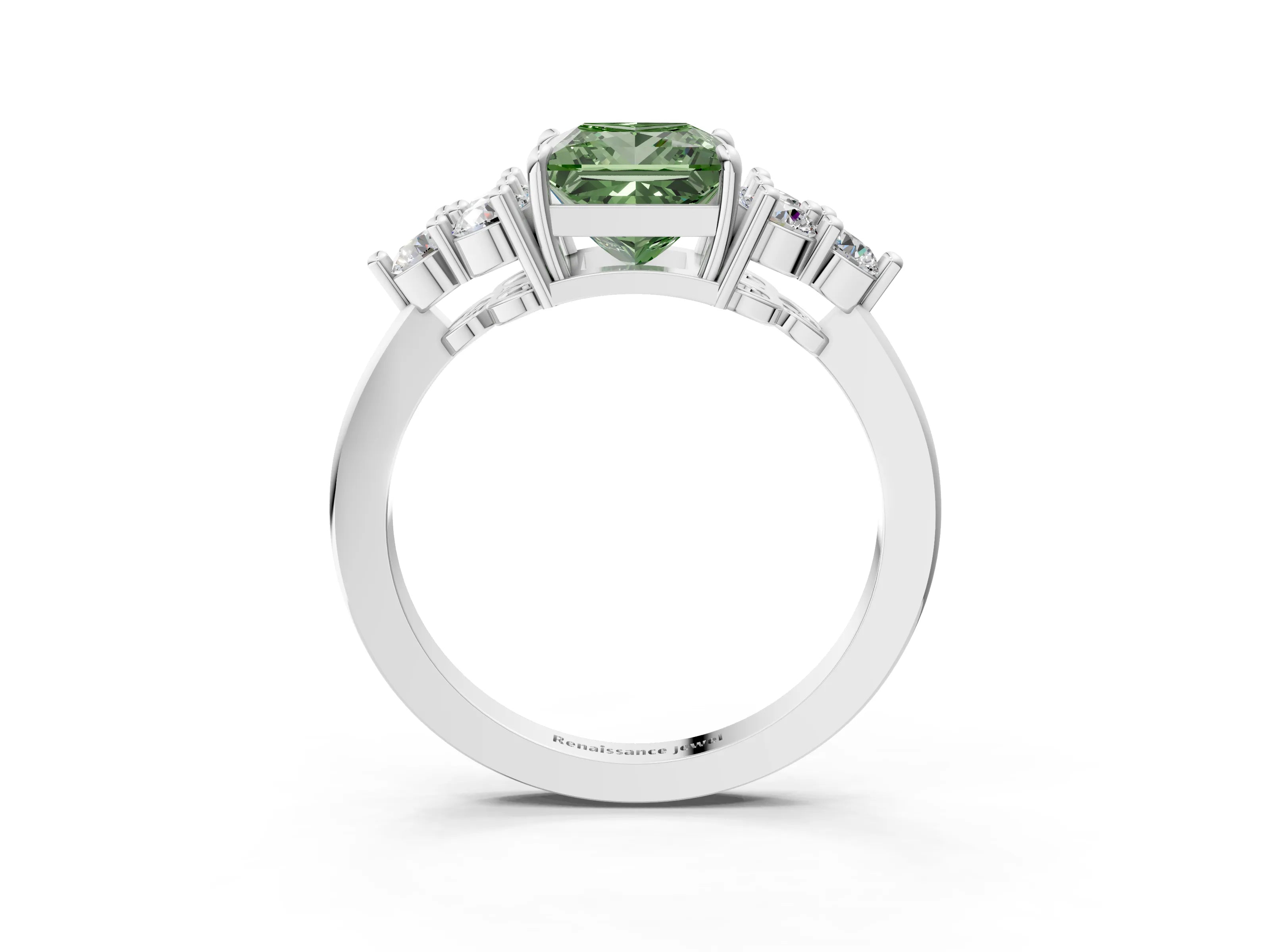 White gold Fancy Green Princess Cut Brilliant Diamond Cluster Accent Solitaire Ring with Prong Setting_3