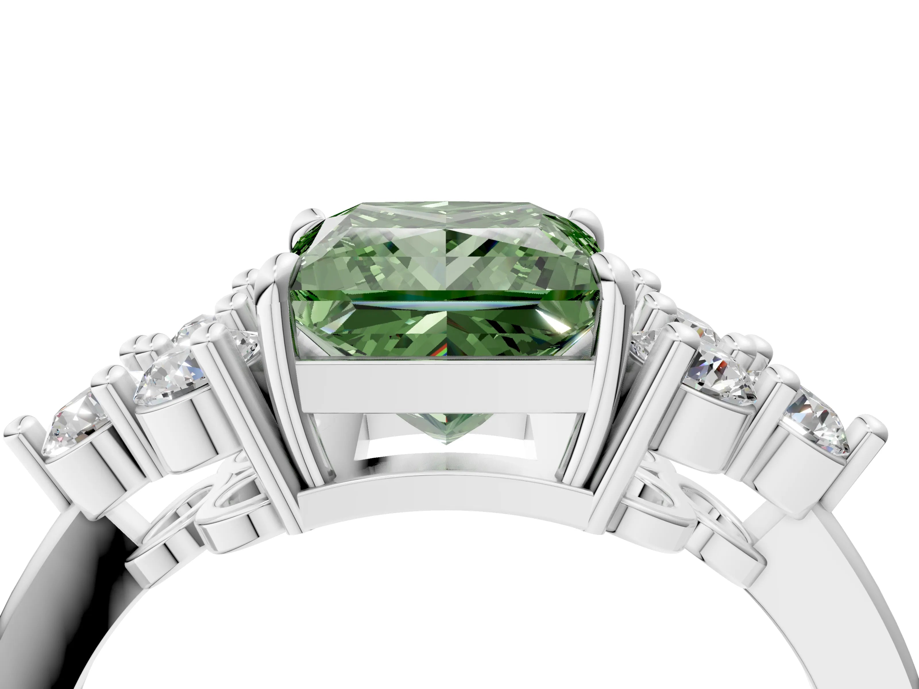 White gold Fancy Green Princess Cut Brilliant Diamond Cluster Accent Solitaire Ring with Prong Setting_4